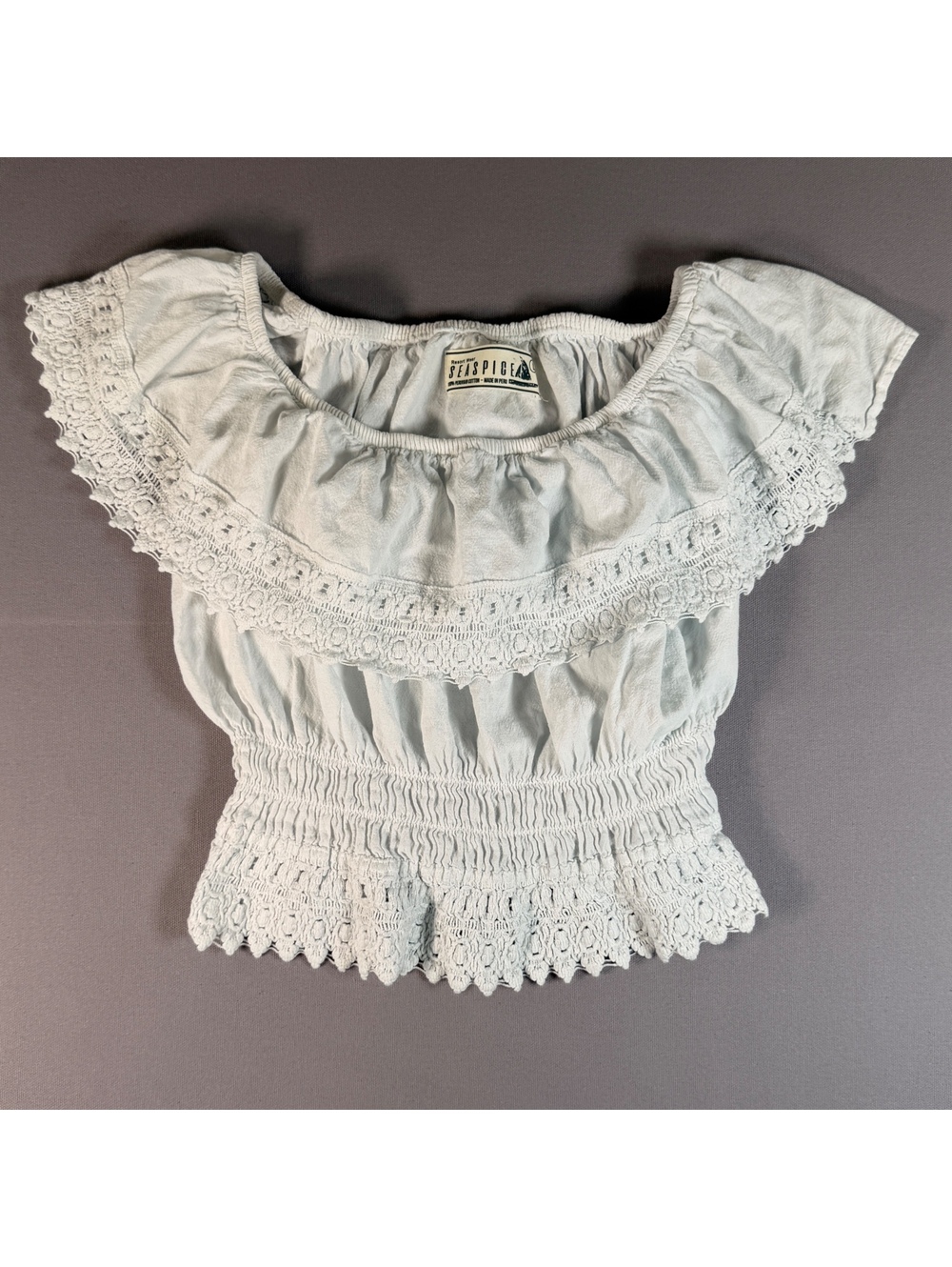 Seaspice Resort Wear Blouse Womens L White Peruvian Cotton Crochet Lace Smocked
